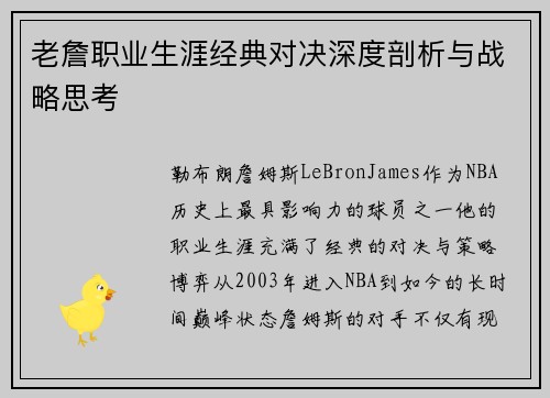 老詹职业生涯经典对决深度剖析与战略思考